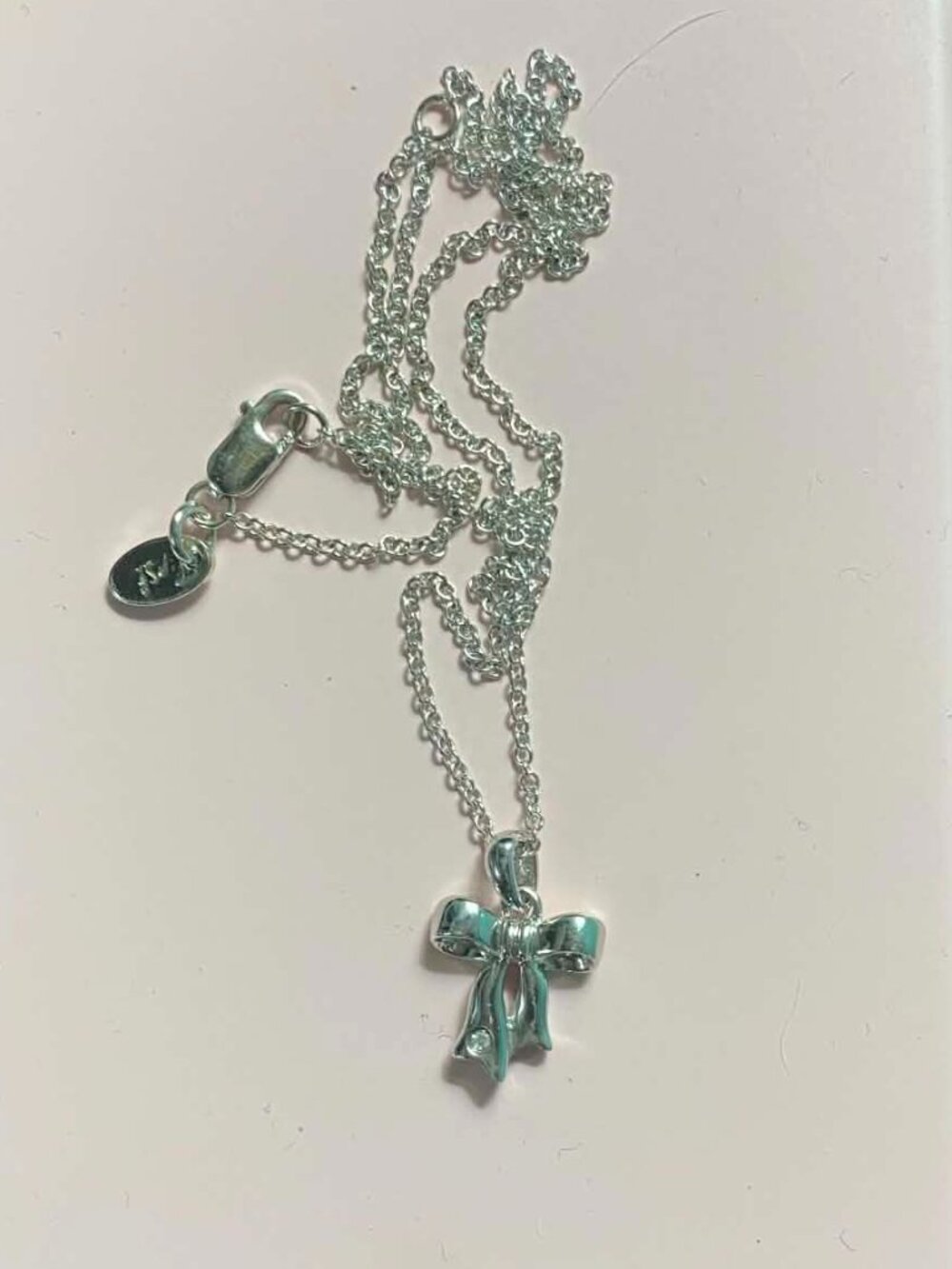 .925 Sterling Silver Bow Natural Diamond Dainty Pendant Chain Rhodium plated